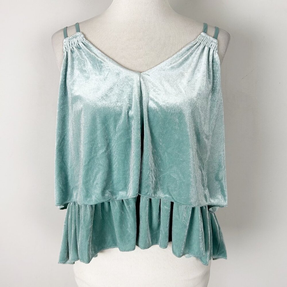 Y2K Turquoise‎ Velvet Tiered Cropped High-Low Top Boho Size Large Women's